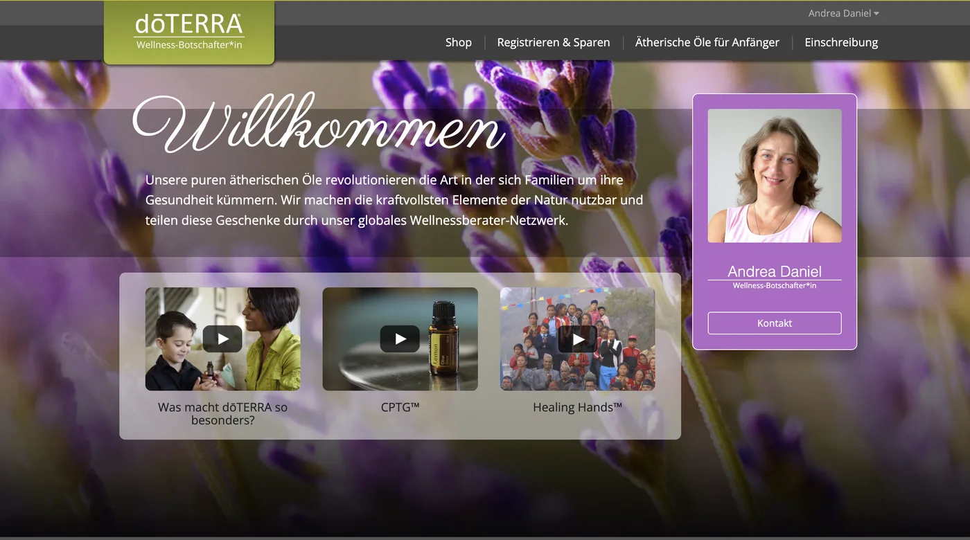 Screenshot: Persönliche doTERRA-Startseite mit „Registrieren & Sparen“