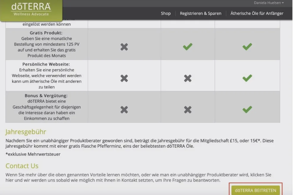 Screenshot: Vorteile der Mitgliedschaft mit Knopf „doTERRA beitreten“