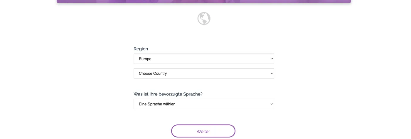 Screenshot: Auswahl von Region, Land und Sprache