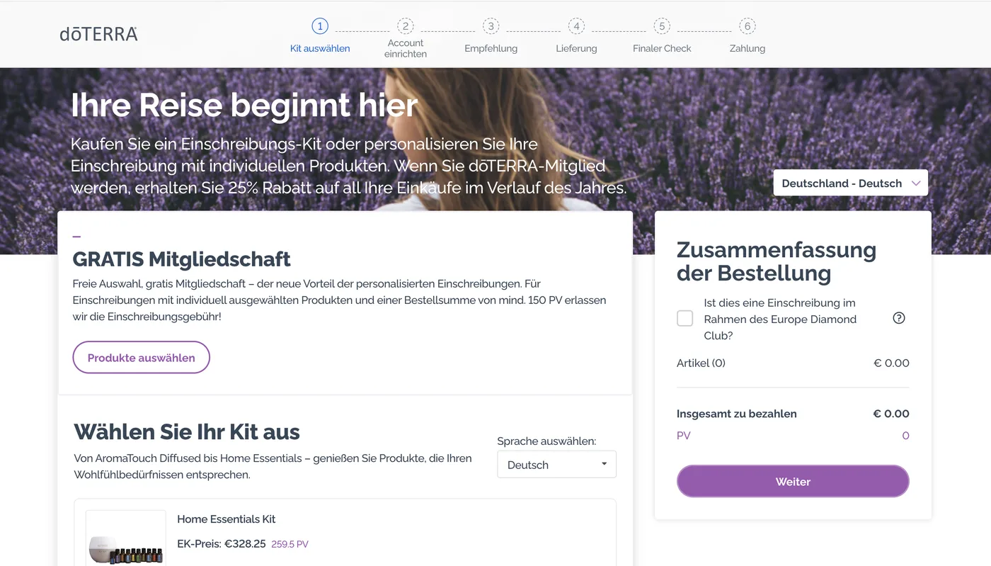 Screenshot: Übersicht „Ihre Reise beginnt hier“ mit Kit-Auswahl