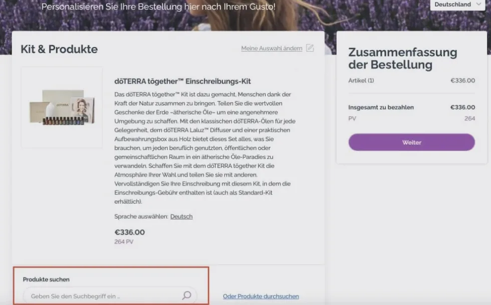 Screenshot: Suchfeld, um weitere Öle zur Bestellung hinzuzufügen