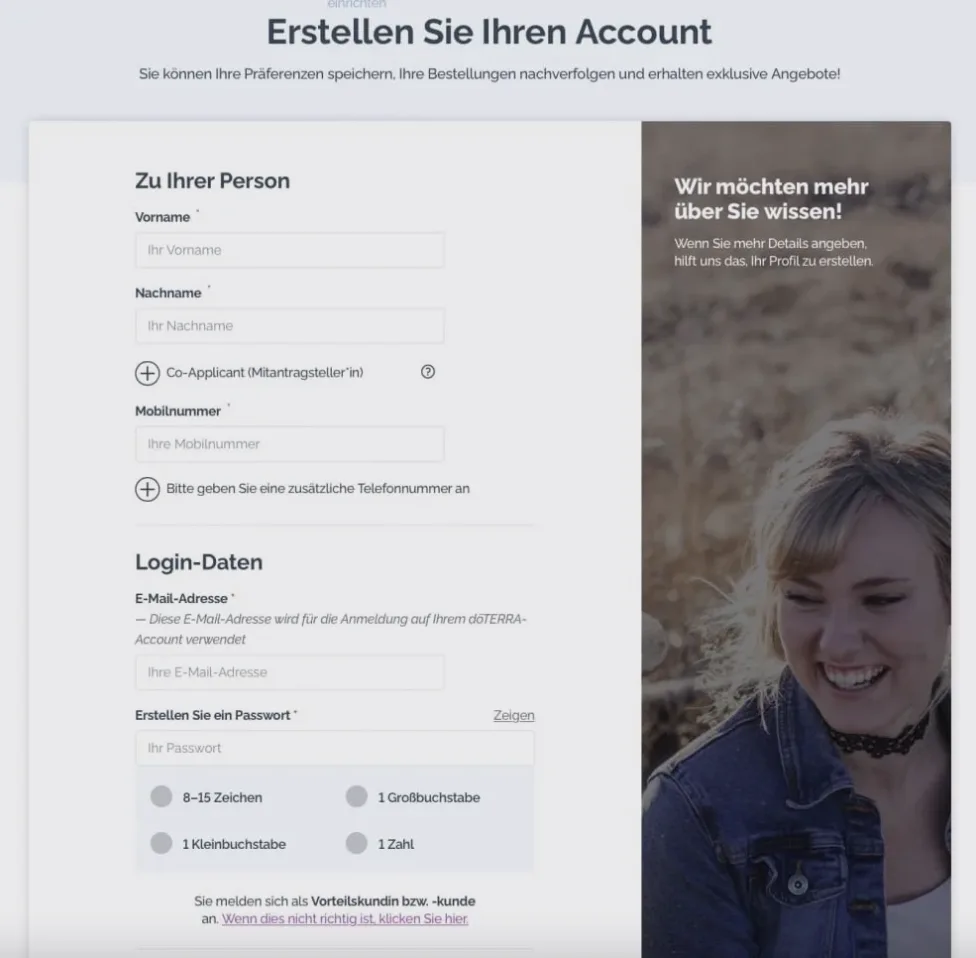 Screenshot: Formular „Erstellen Sie Ihren Account“