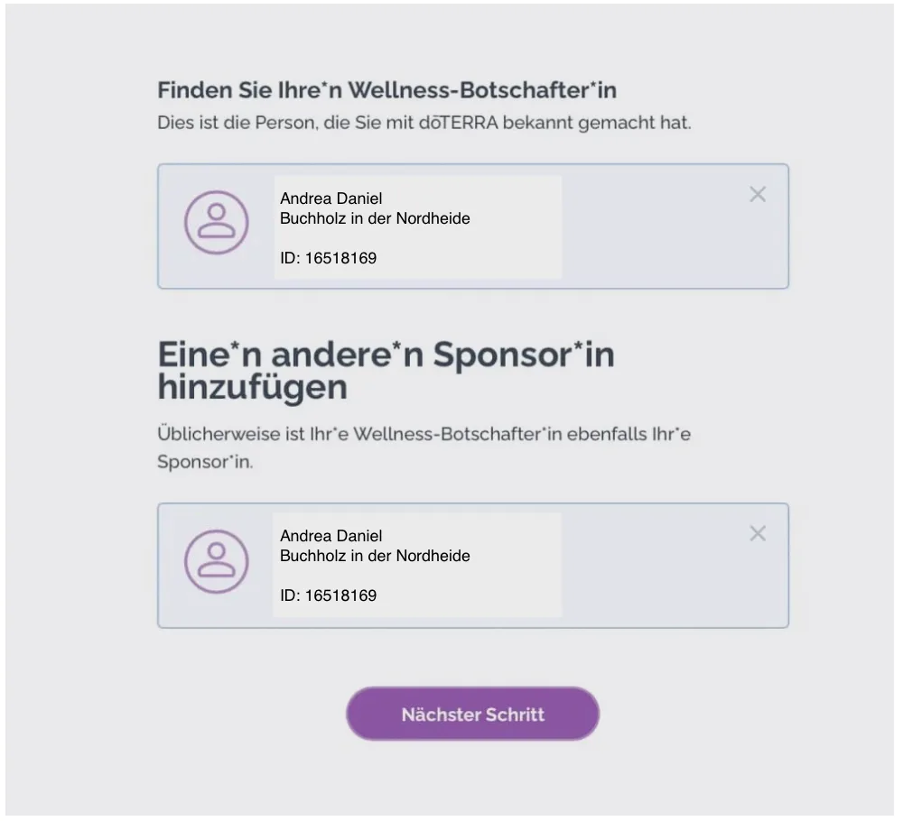 Screenshot: Bestätigung der Wellness-Botschafterin Andrea Daniel