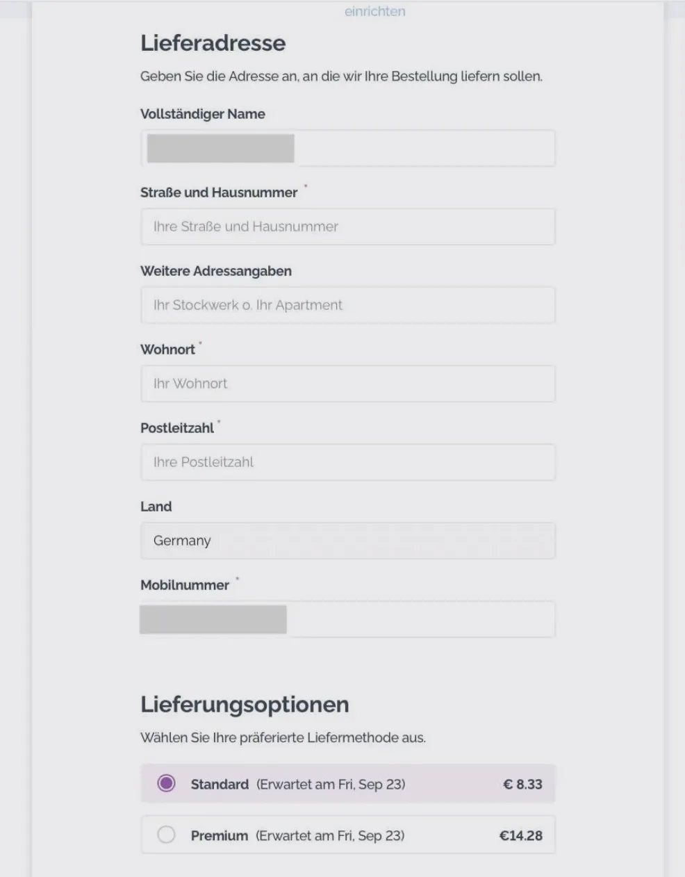 Screenshot: Eingabe der Lieferadresse