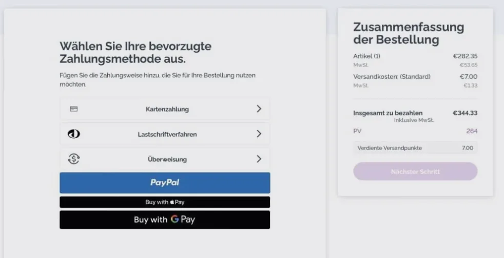 Screenshot: Auswahl der Zahlungsart