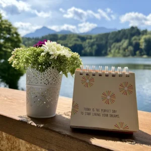 Blumen und Notizbuch auf einer Mauer