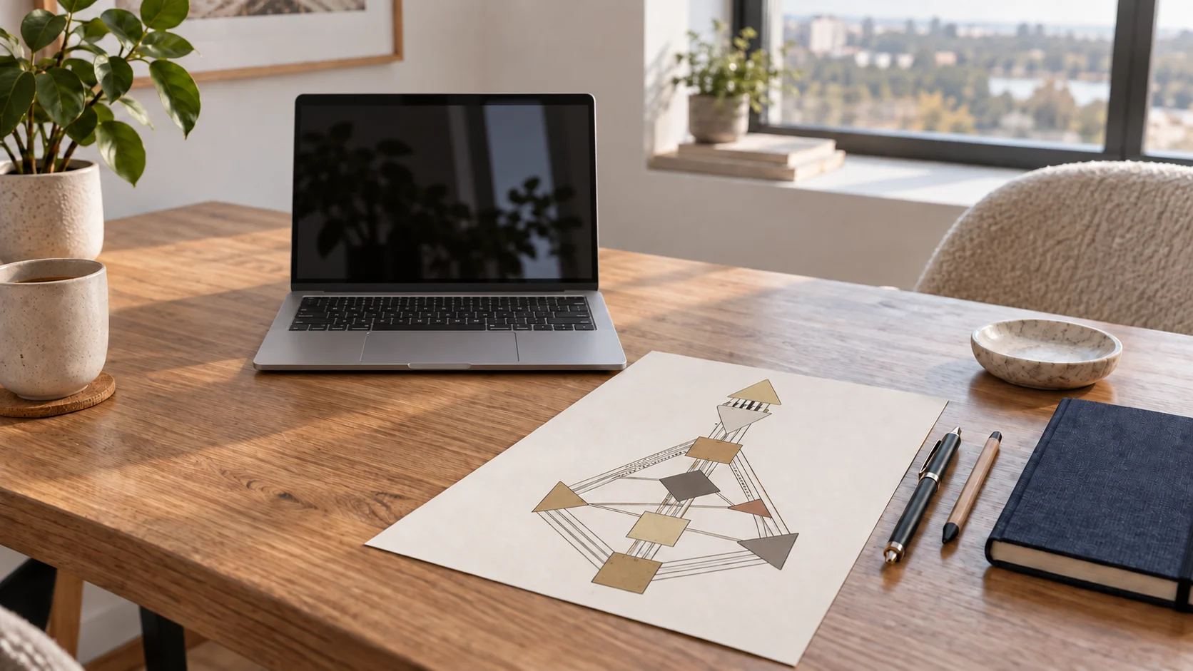 Schreibtisch mit Laptop, Notizbuch und handgezeichnetem Human Design Bodygraph